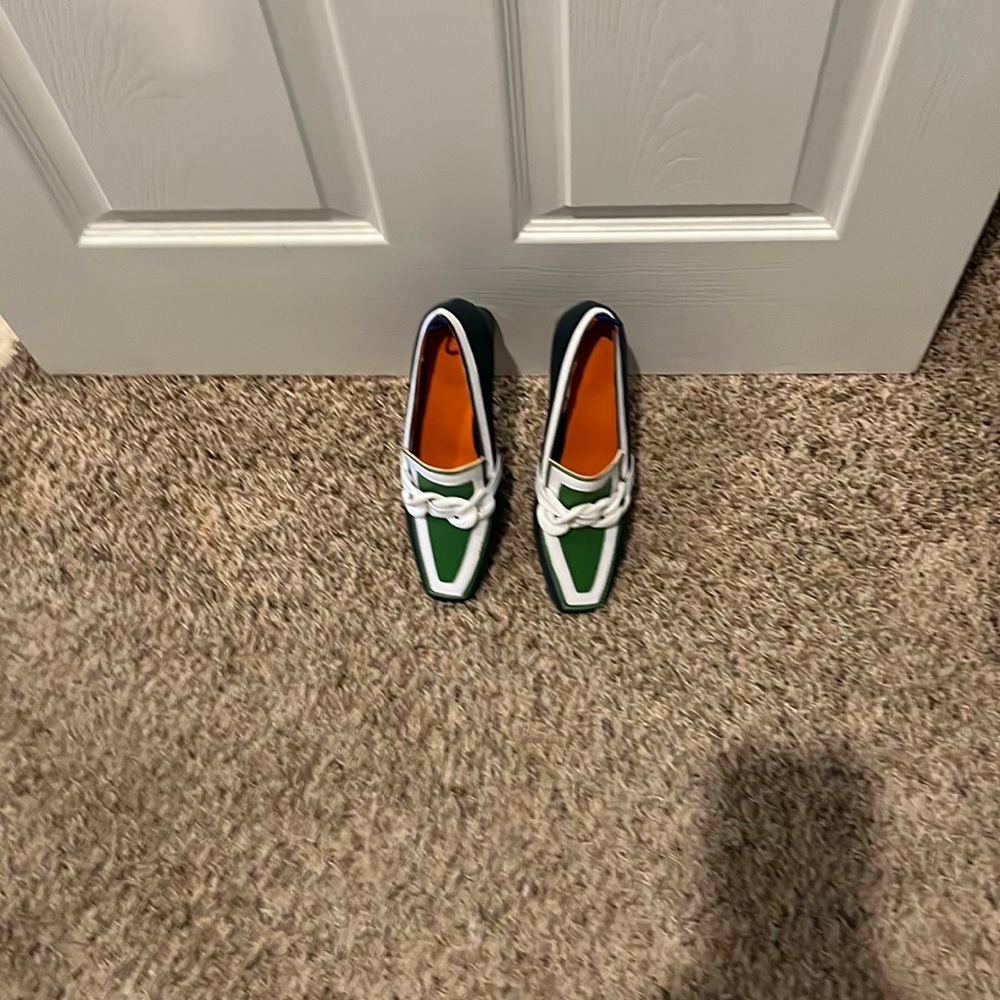Green on green dressy loafer w about 1-1/2 inch heel